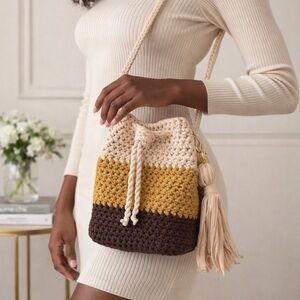 Handmade Crochet Colorblock Bucket Bag - Beige, Mustard & Brown